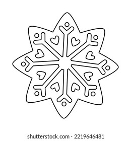 Festive winter holidays gingerbread cookie in star shape with icing, vector outline for kids coloring book