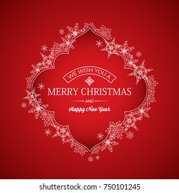 Festive winter holidays greeting template with inscription in elegant frame and beautiful snowflakes on red background vector illustration