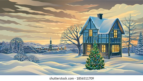 Festive winter landscape with a festively decorated house and decorated Christmas tree in in rural areas.