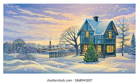 Festive winter landscape with a festively decorated house and decorated Christmas tree in in rural areas.