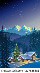 Festive winter landscape with a with forest houses and mountains and decorated Christmas tree.