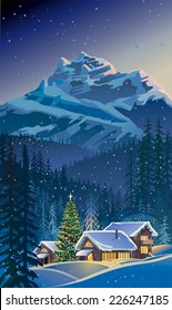 Festive winter landscape with mountans and wild forest, and also forest huts and festive Christmas tree.