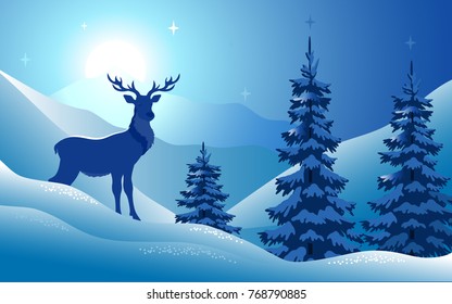 Festive winter landscape with a silhouette of a deer. Winter background. Vector illustration.
