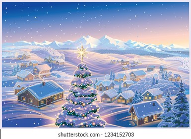 Festive winter landscape with a village in the background and  in the foreground. It illustration can be used as a Christmas holiday card.