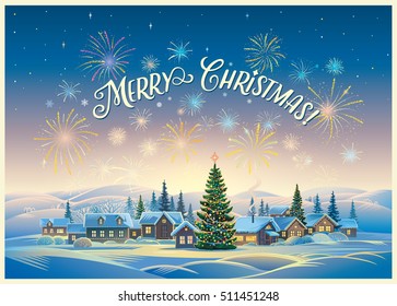 Festive winter landscape with village and Christmas trees, fireworks and holiday inscription.