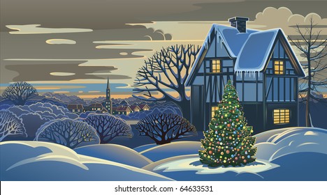 Festive winter landscape with a village and decorated Christmas tree.