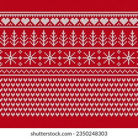 Festive winter ornament. Christmas red background with tree and snoflakes. Holiday knit seamless pattern. Knitted sweater print. Xmas geometric border. Fair isle traditional texture. Vector.