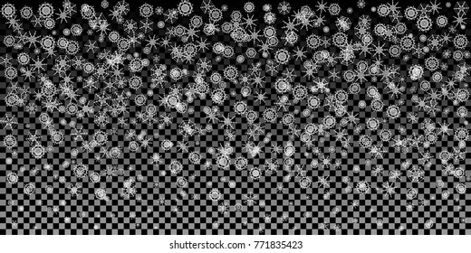 Festive Winter Panoramic Background. Christmas Greeting Card. Falling Snowflakes on Transparent Background. Vector Illustration