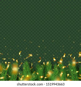 Festive winter party layout with fluffy fir tree branches and gold shining confetti. Christmas transparent background. Merry Christmas template with realistic conifer branches vector illustration
