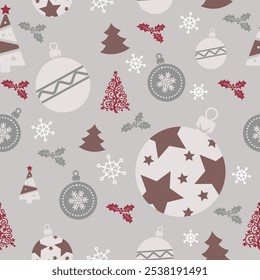 Patrón de invierno festivo con adornos de Navidades, copos de nieve, hojas de acebo y árboles decorativos en borgoña, gris y blanco. Perfecto para el papel de regalo de vacaciones y diseños de temporada.