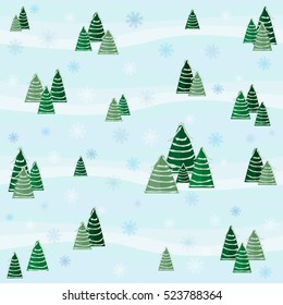 Festive winter pattern with snow-covered Christmas trees and snowflakes. Design for greeting cards, gift wrapping paper, Christmas and New Year's background