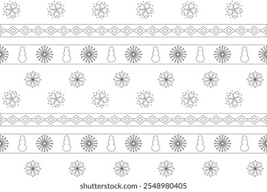 Festive winter pattern with snowflakes, snowmen, and decorative elements. Perfect for holiday coloring activities and crafts.