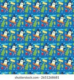 Festive Winter Penguins Snowboarding Delightful Repeatable Wrapping Paper