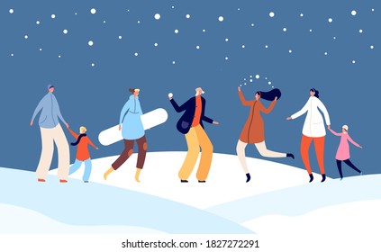 Festive winter people. Happy holiday, christmas family with children on snow city street illustration. Xmas new year crowd vector banner