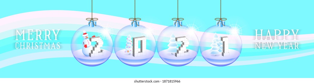 Festive winter poster. Merry Christmas and Happy New Year. Transparent glass balls toys. Snowman with snowy trees. 3d figures 2021. EPS10