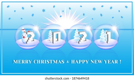 Festive winter poster. Merry Christmas and Happy New Year! Transparent balls with a snowman, fir trees and 3d numbers 2021. Falling snowflakes. EPS10