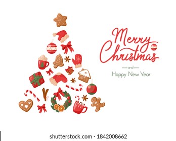 Afiche de invierno festivo con ilustraciones de Año Nuevo y letras Feliz Navidad. Diseño de pancartas navideñas en estilo caricatura.
