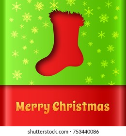 Festive winter poster with red gift sock cut out from green paper with snowflakes vector illustration