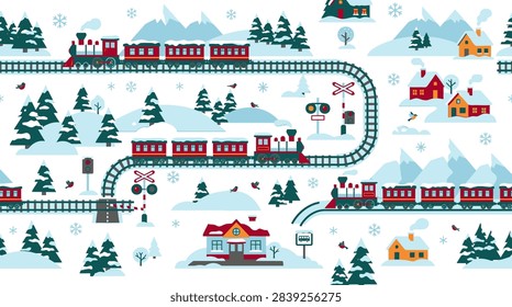 Festive winter railway seamless pattern. Ideal for holiday packaging, nursery decor, or seasonal backgrounds.