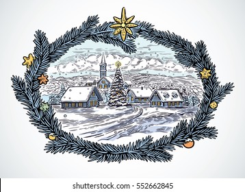 Festive winter rural landscape with frame from spruce needles. 