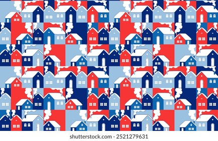 Festive winter rural village Scandinavian design background. Seamless pattern geometric shapes and seasonal elements, Christmas and New Year decorations. Vector Illustration flat style