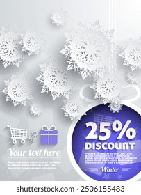 Festive winter sale banner featuring a 25 discount in bold white text, surrounded by elegant snowflakes on a light gray background. Perfect for holiday sales, seasonal promotions, or winter