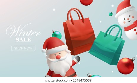 A festive winter sale banner with Santa, a cheerful snowman, colorful shopping bags, and decorative ornaments to promote holiday shopping