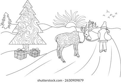 Festive Winter Scene Coloring Page with Reindeer and Gifts, Outline illustration for coloring, depicting a cheerful Christmas scene with a decorated fir tree, wrapped gifts, a unique patterned