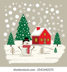 A festive winter scene features a red house with a smoking chimney, surrounded by snow-covered ground and evergreen trees adorned with snowflakes. A cheerful snowman.