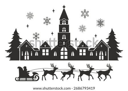 A festive winter scene features Santa in a sleigh being pulled by reindeer. Snowflakes fall around a charming village with a tall church and cozy houses.