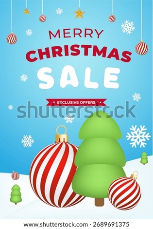 Festive winter scene featuring snow, glowing string lights overhead, Christmas trees on hill. Xmas background sale, discount, offer for shop. Holiday greeting card . Vector