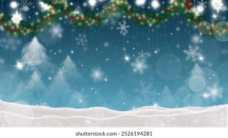 A festive winter scene featuring a snowy ground, snowflakes, blurred lights, and Christmas garland with red berries and greenery hanging from the top, set against a blue and snowy sky.