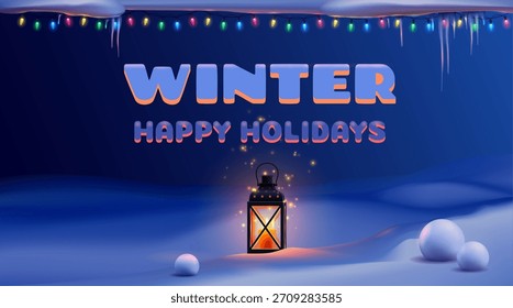 Festliche Winterszene mit Laterne und Urlaubslicht in verschneiter Landschaft