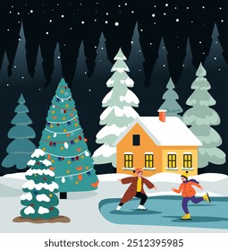 A festive winter scene with skaters, a Christmas tree, and a snowy house, created in a flat vector style. Great for holiday-themed illustrations.