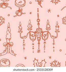 Festive winter seamless pattern with decorative candles, antique chandelier, whimsical snowflakes. On soft background. Perfect for seasonal decor. Vintage Christmas coquette wallpaper, line art style