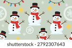Festive winter seamless pattern displays happy snowmen with scarves and hats among colorful string lights and delicate falling snowflakes.