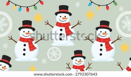 Festive winter seamless pattern displays happy snowmen with scarves and hats among colorful string lights and delicate falling snowflakes.