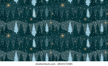 Festive winter seamless pattern featuring dark green pine trees, gentle snow flurries, and glowing golden stars in the night.