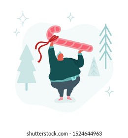 Festive Winter Season Holiday Illustration. People and Christmas Traditional Symbols Man with Candy Cane  on white background. Cartoon Flat Vector Illustration
