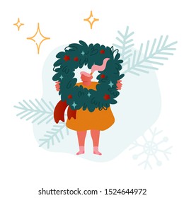 Festive Winter Season Holiday Illustration. People Character Girl with Christmas Traditional Symbol Wreath on white background. Cartoon Flat Vector Illustration