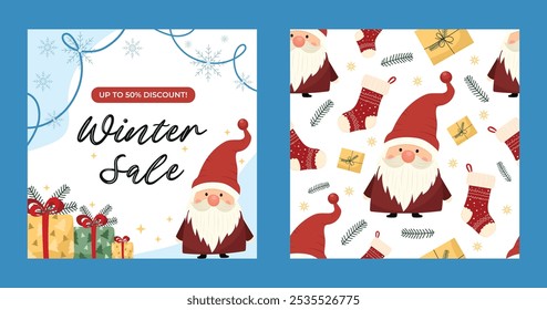 Conjunto de invierno festivo con Anuncio de venta y patrón de Santa Navidades sin costuras. Gnomo lindo de Santa, copos de nieve y regalos ilustraciones en concepto de alegría espiritual de Navidades. Para la venta de Anuncios de vacaciones, folletos, impresión.