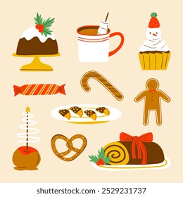 Festive Winter Snack Illustration Set. A delightful collection of 10 winter snacks, including hot chocolate, gingerbread, roll cake, pretzel, and more. Perfect for festive holiday designs