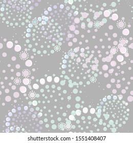 Festive winter Vector seamless pattern. Abstract multi-colored flowers from dots on gray background. Softness template for textile, wallpaper, wrapping, carton, banner, ceramic tile, card.