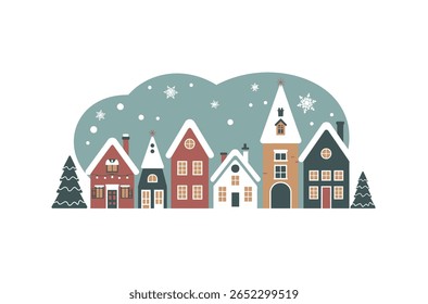 Festive Winter Village Scene with Cozy Homes