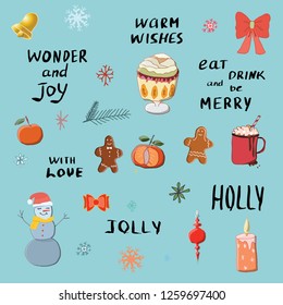 Festive wishes hand lettering with cute illustration. 