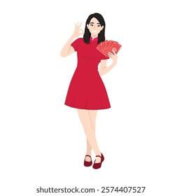 Festive Woman in Red Dress Holding Red Envelopes for Lunar New Year Celebration. Flat vector Character Illustration