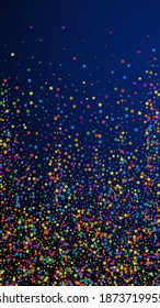 Festive wondrous confetti. Celebration stars. Rainbow bright stars on dark blue background. Gorgeous festive overlay template. Vertical vector background.
