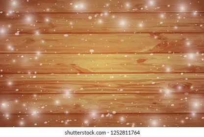 Festive wooden background with frost and snowflakes. New Year's snowfall. Winter background. Vector.Eps10