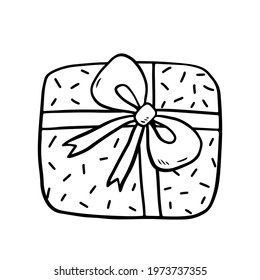 Festive wrapped gift with a bow isolated on white background. Vector hand-drawn illustration in doodle style. Perfect for cards, logo, invitations, decorations, birthday designs.