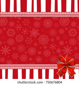 Festive wrapped template with  space for text and ribbon on striped red and white snowy background framed with lace. Abstract design element . Christmas, new year, valentine vector background. 